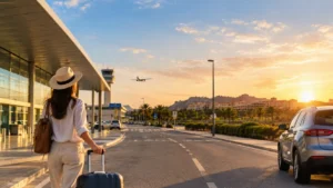 Car driving on the road from Murcia Airport to Condado de Alhama Golf Resort